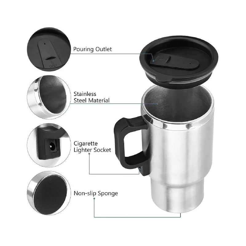 Heated Travel Mug Stainless Steel 12V Coffee Mug Brand New for