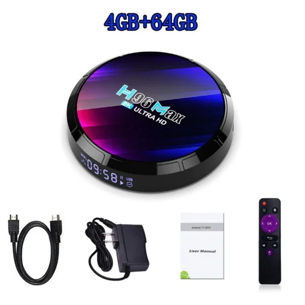 The H96 MAX TV Box features a RK3528 Quad-Core processor, Mali-450 GPU, 4GB RAM, and 64GB eMMC storage. It supports 4K UHD output, dual-band WiFi, Bluetooth 5.0, Android 13.0 OS, USB ports, TF card support, and multiple multimedia formats. Includes remote, HDMI cable.